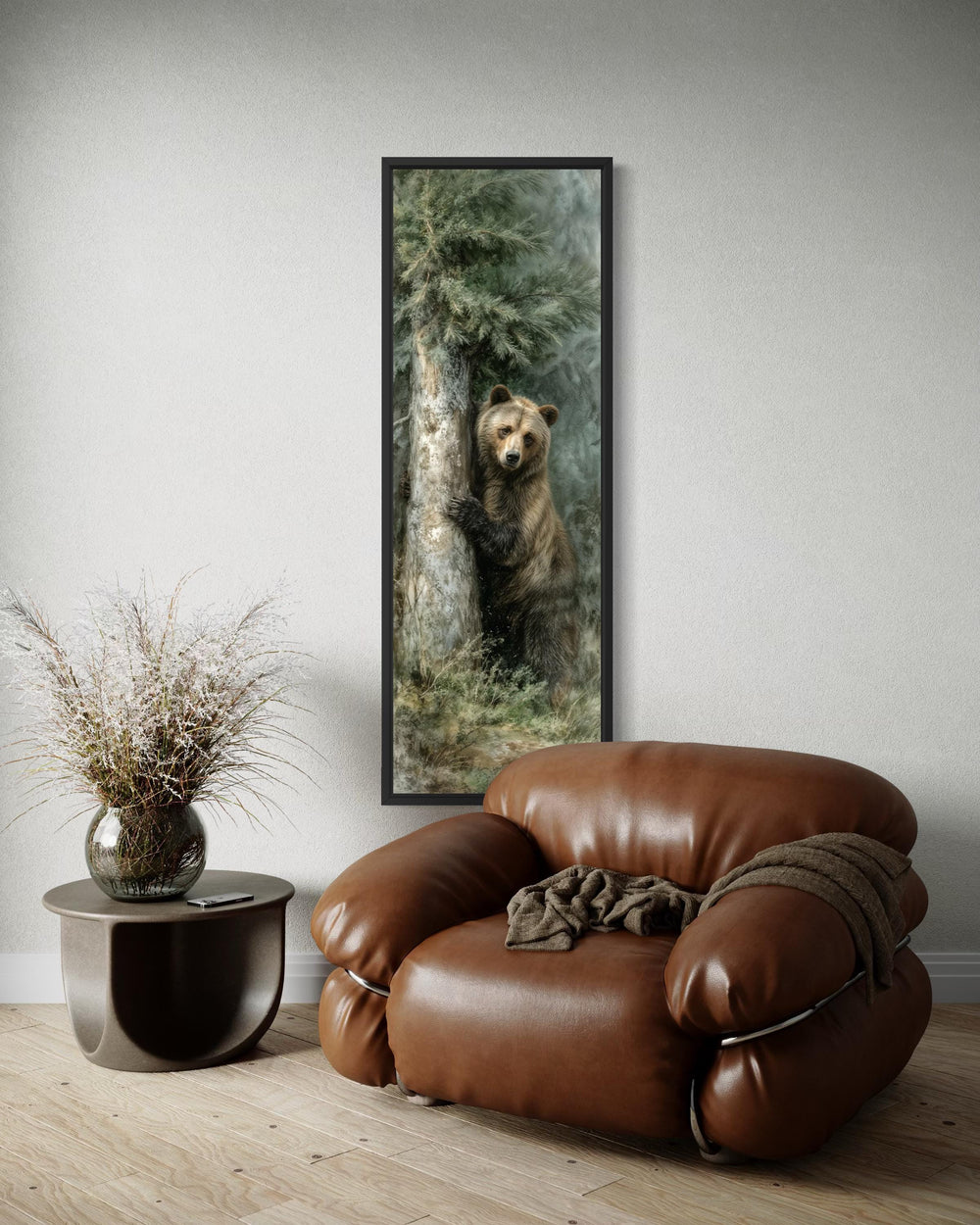 Tall narrow canvas wall art of a brown bear hugging a pine tree in a forest setting.