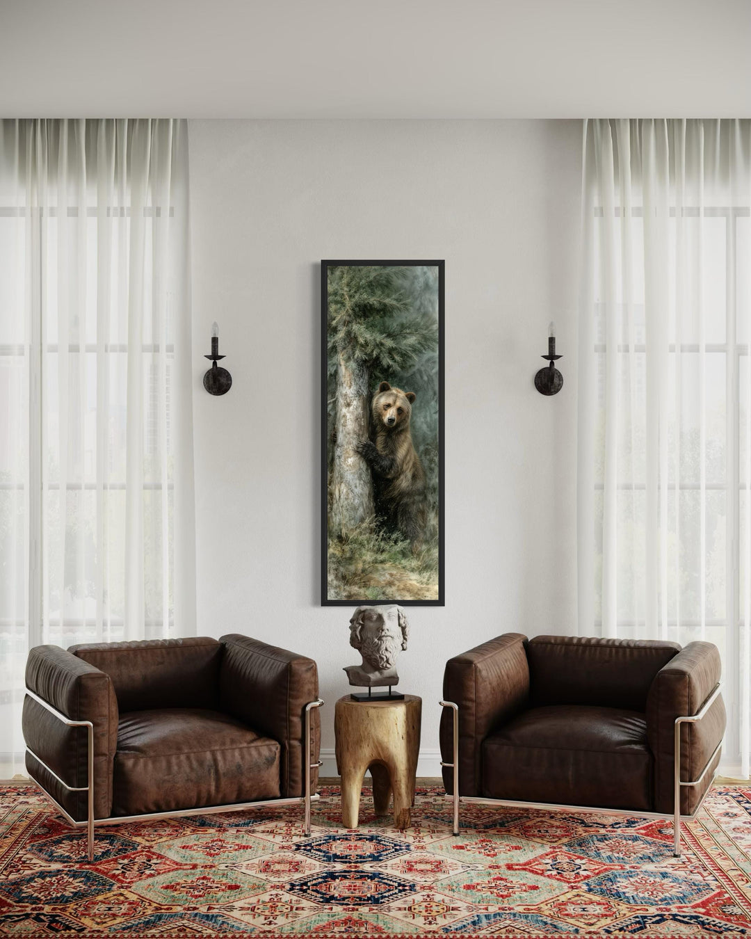 Tall narrow canvas wall art of a brown bear hugging a pine tree in a dense forest setting.