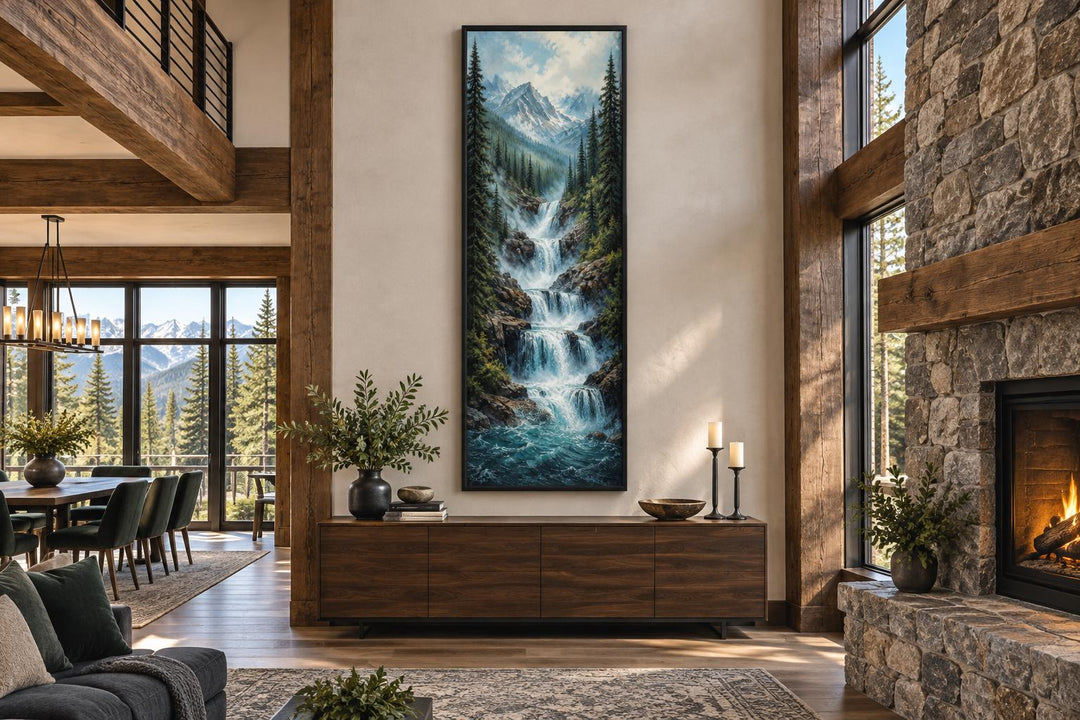 Tall narrow canvas wall art of a cascading mountain waterfall through a pine forest.