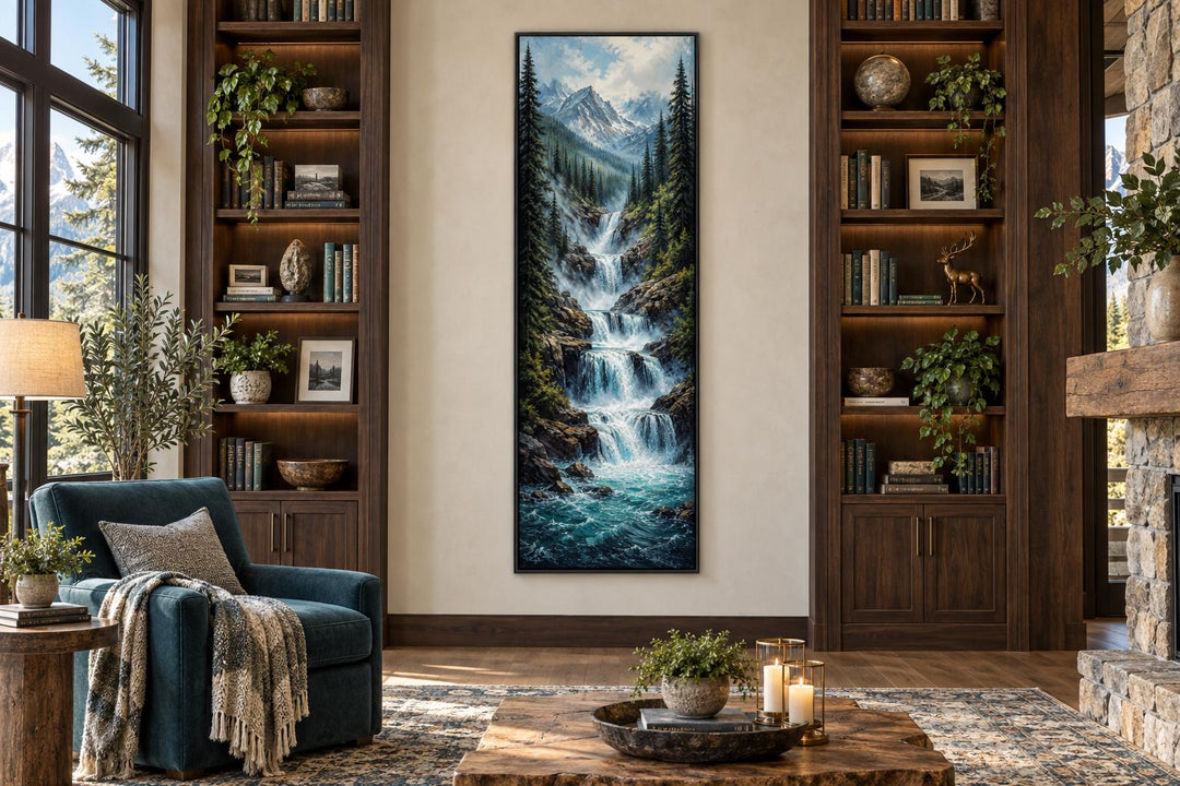 Tall narrow canvas art of a cascading mountain waterfall through a pine forest with snowy peaks.
