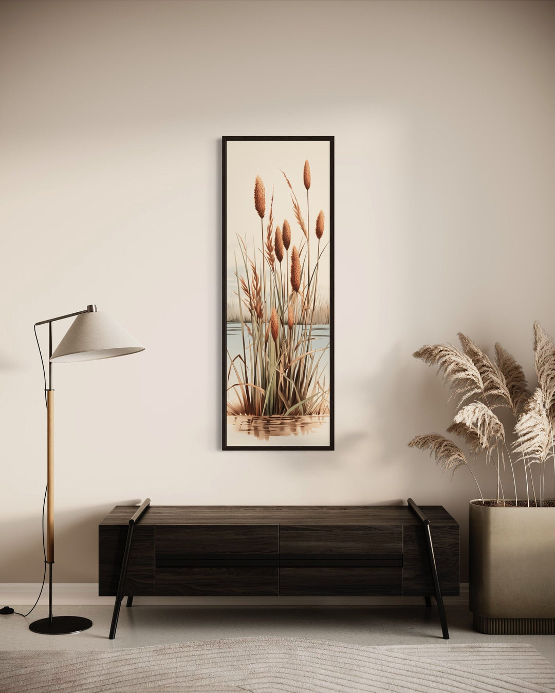 Tall Narrow Cattails Vertical Framed Canvas Wall Art