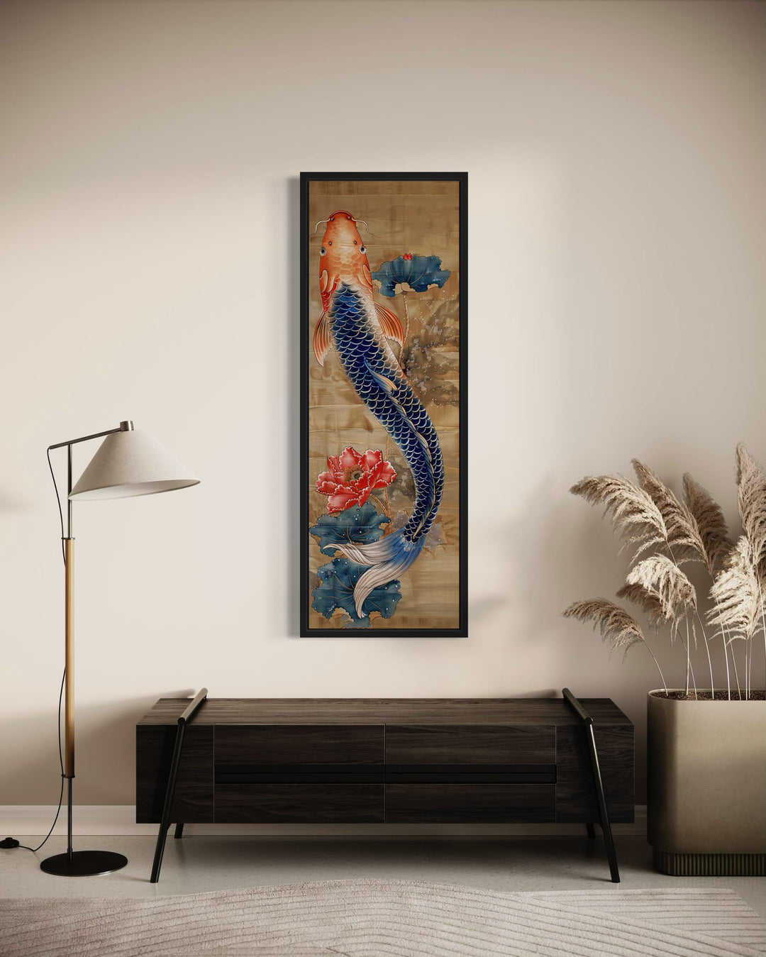 Tall Narrow Chinese Style Koi Fish Framed Canvas Wall Art