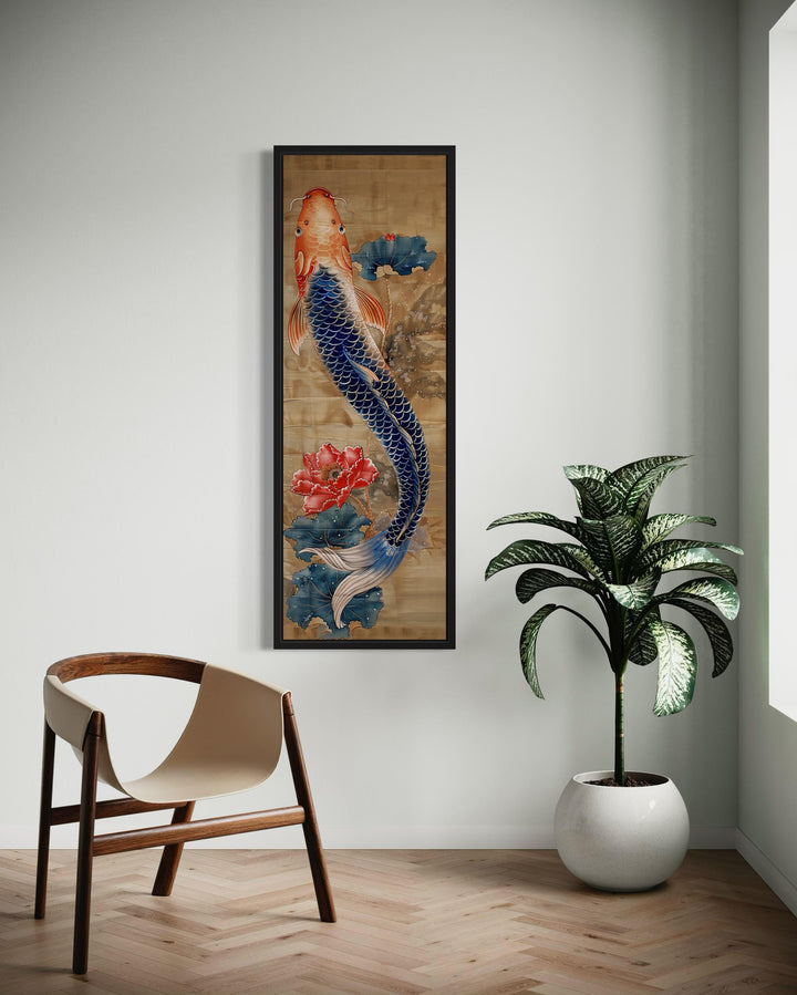 Tall Narrow Chinese Style Koi Fish Framed Canvas Wall Art