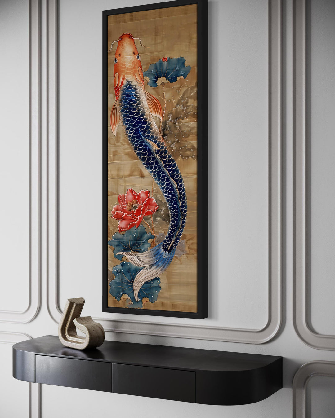 Tall Narrow Chinese Style Koi Fish Framed Canvas Wall Art