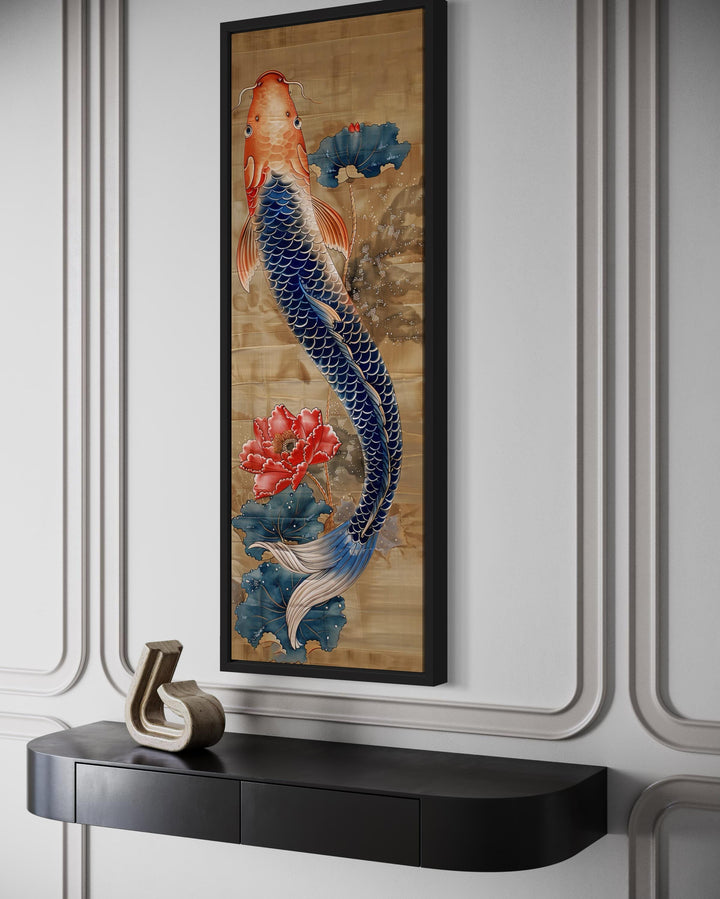 Tall Narrow Chinese Style Koi Fish Framed Canvas Wall Art