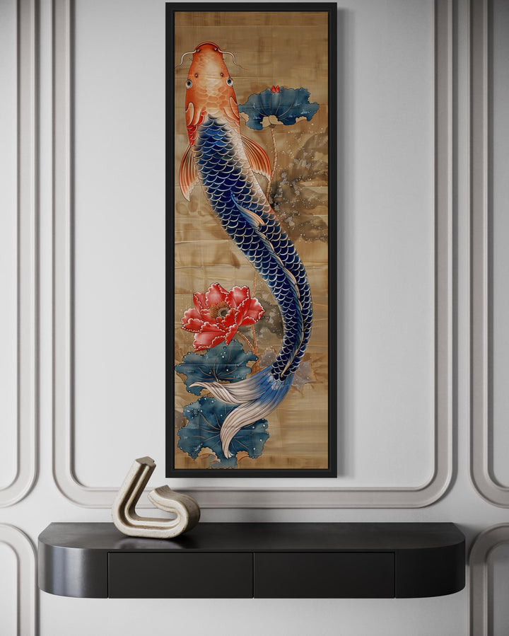 Tall Narrow Chinese Style Koi Fish Framed Canvas Wall Art