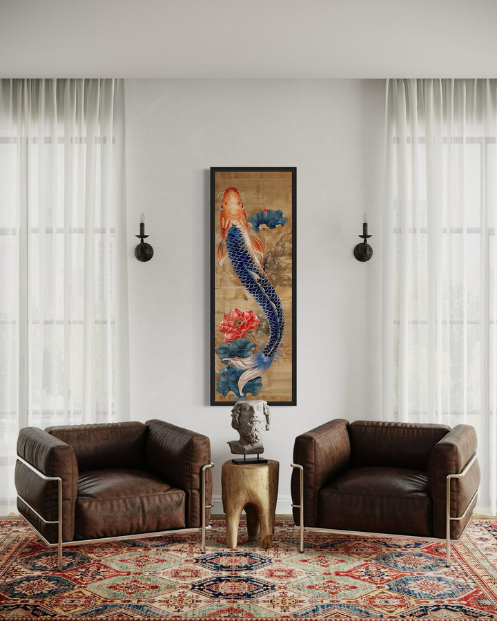 Tall Narrow Chinese Style Koi Fish Framed Canvas Wall Art