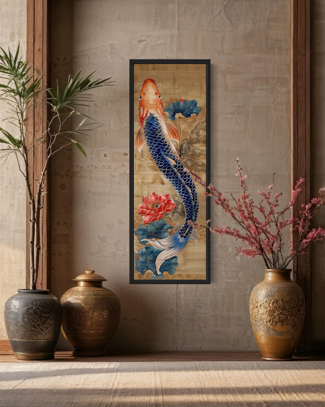 Tall Narrow Chinese Style Koi Fish Framed Canvas Wall Art