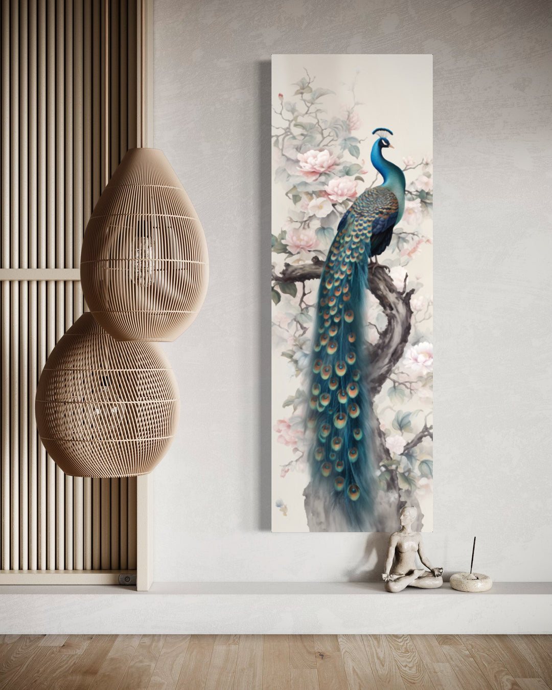 Tall Narrow Chinoiserie Peacock Vertical Framed Canvas Wall Art