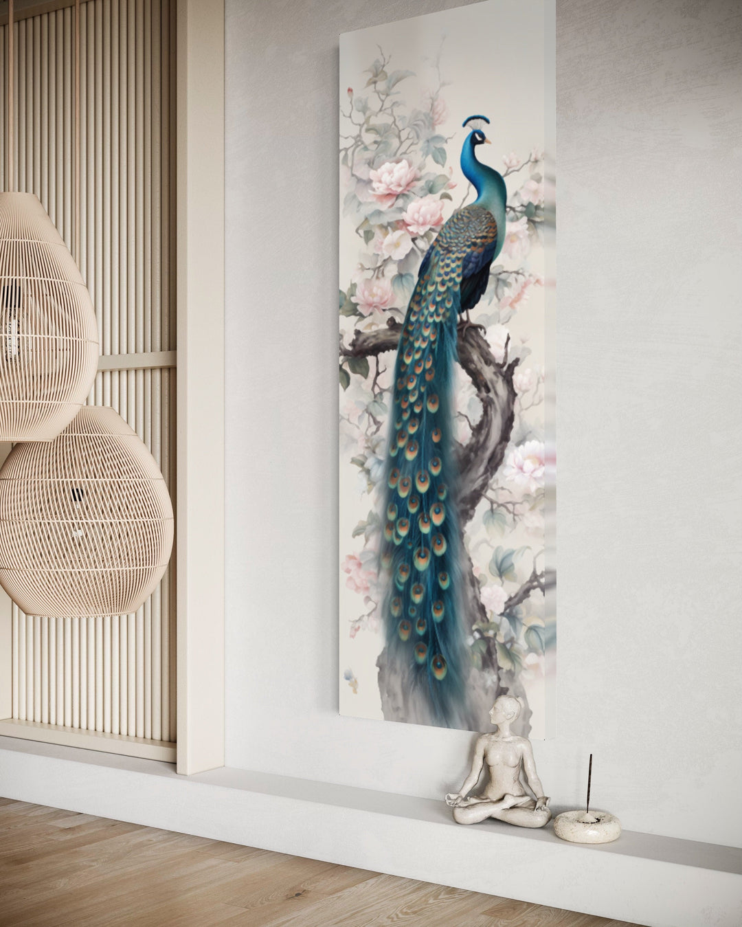 Tall Narrow Chinoiserie Peacock Vertical Framed Canvas Wall Art