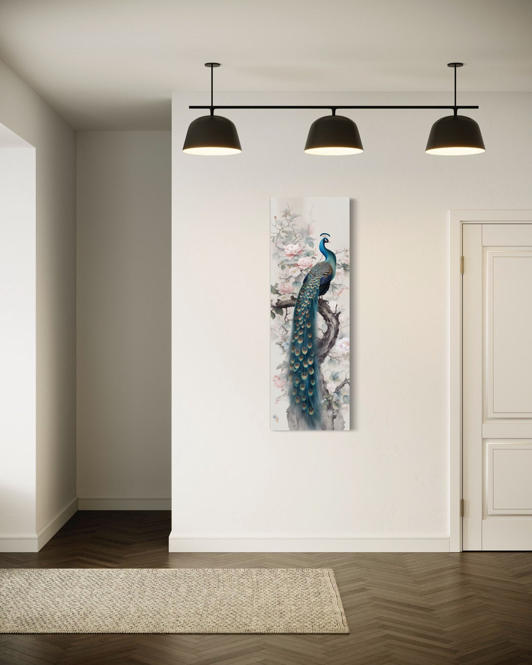 Tall Narrow Chinoiserie Peacock Vertical Framed Canvas Wall Art