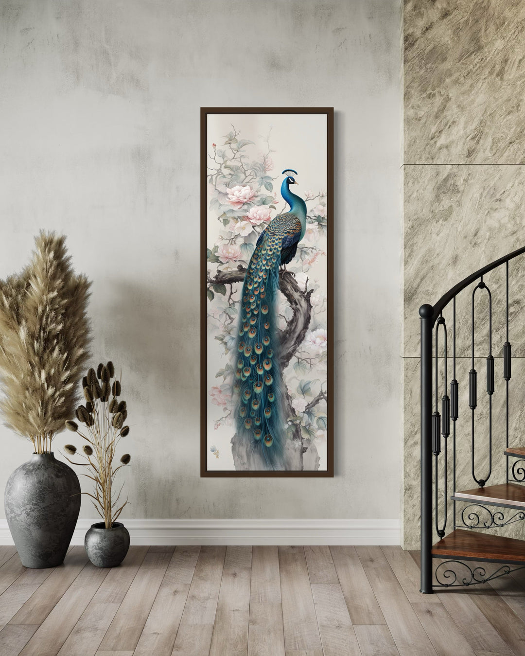 Tall Narrow Chinoiserie Peacock Vertical Framed Canvas Wall Art