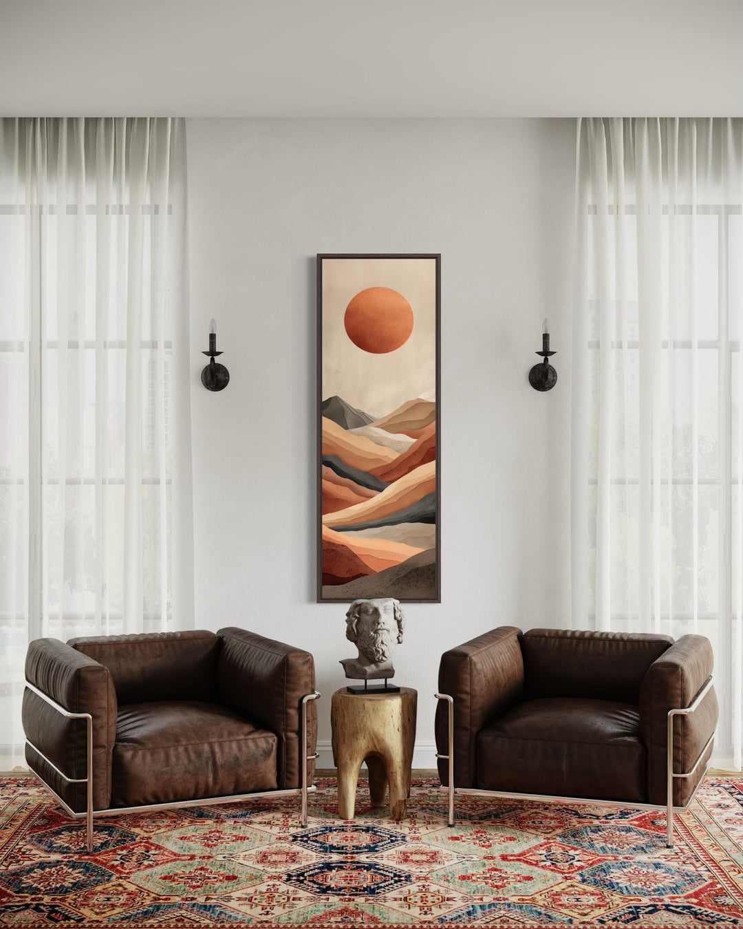 Tall narrow vertical canvas print of a terracotta desert landscape with a modern mountain horizon.