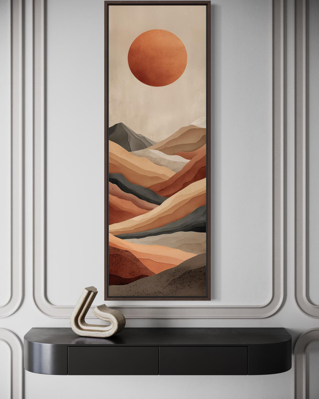 Vertical canvas print of a terracotta desert landscape with a large sun in a narrow dark frame.