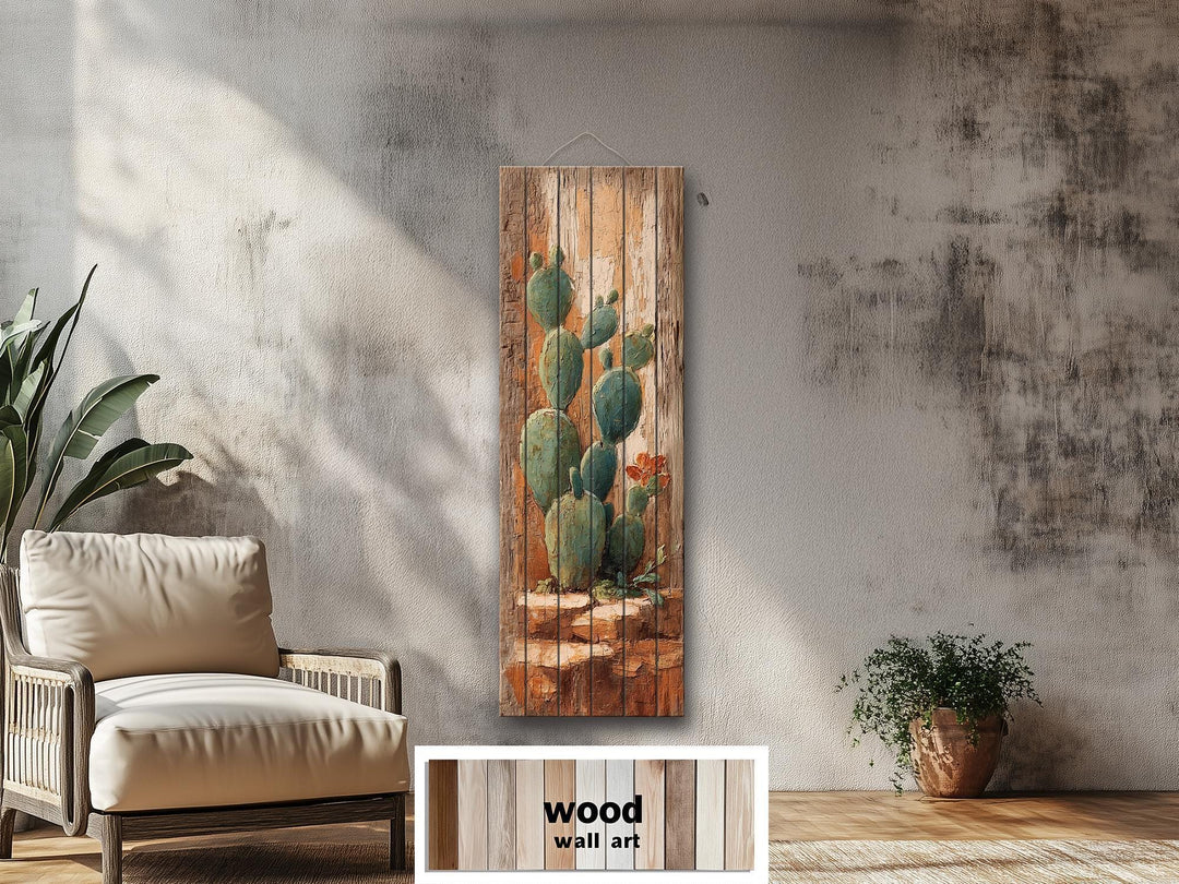 Tall Narrow Distressed Cactus Wood Wall Decor