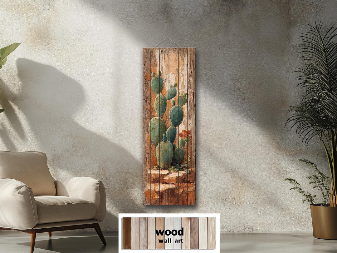 Tall Narrow Distressed Cactus Wood Wall Decor