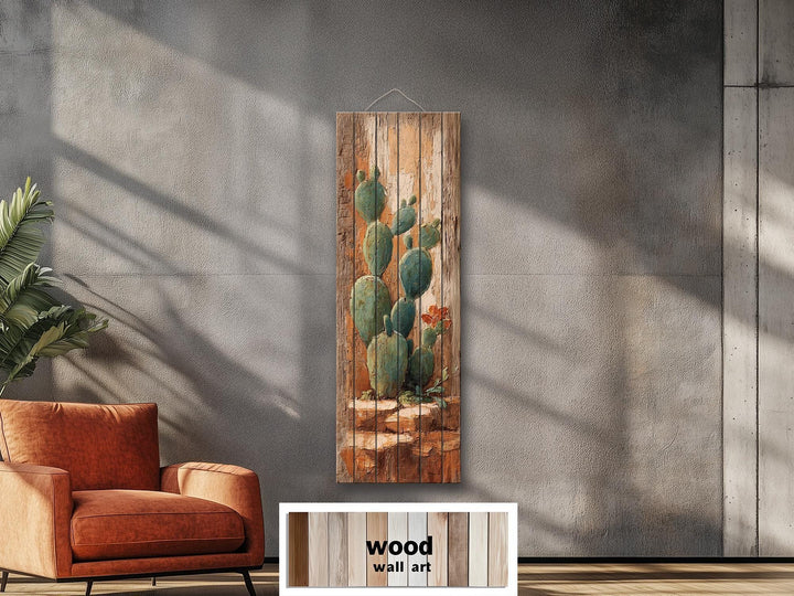 Tall Narrow Distressed Cactus Wood Wall Decor
