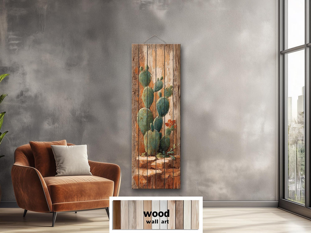 Tall Narrow Distressed Cactus Wood Wall Decor
