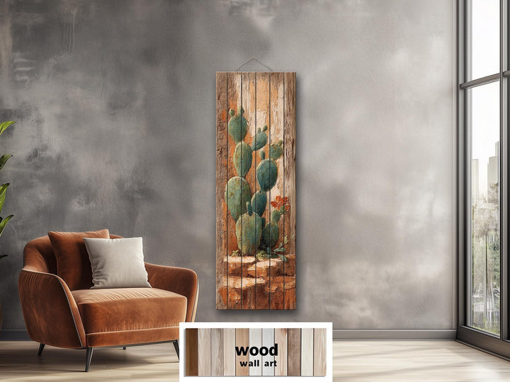 Tall Narrow Distressed Cactus Wood Wall Decor