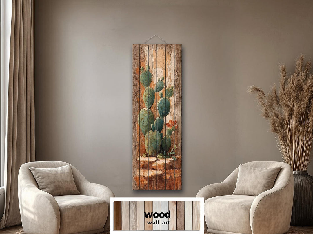 Tall Narrow Distressed Cactus Wood Wall Decor