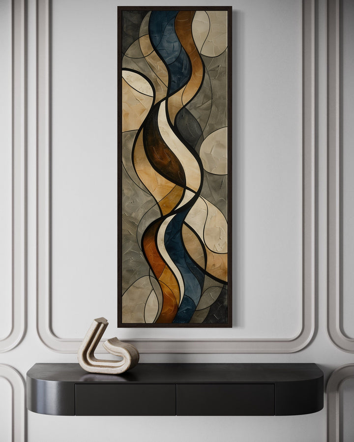 Tall Narrow Earth Tones Mid Century Modern Framed Canvas Wall Art