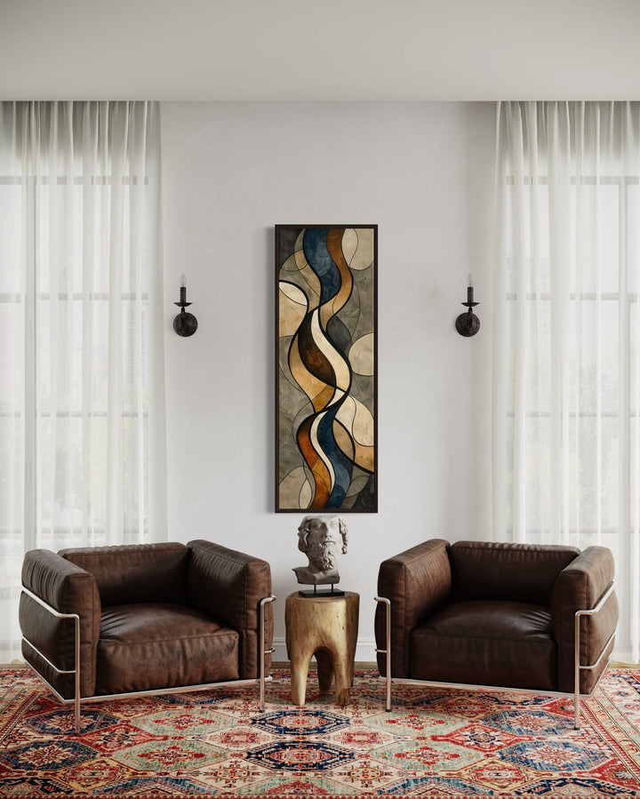 Tall narrow earth tones mid-century modern framed canvas wall art.