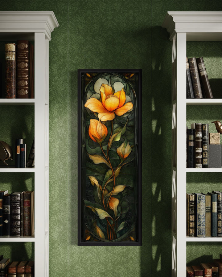 Tall Narrow Emerald Green Gold Floral Vertical Framed Canvas Wall Art