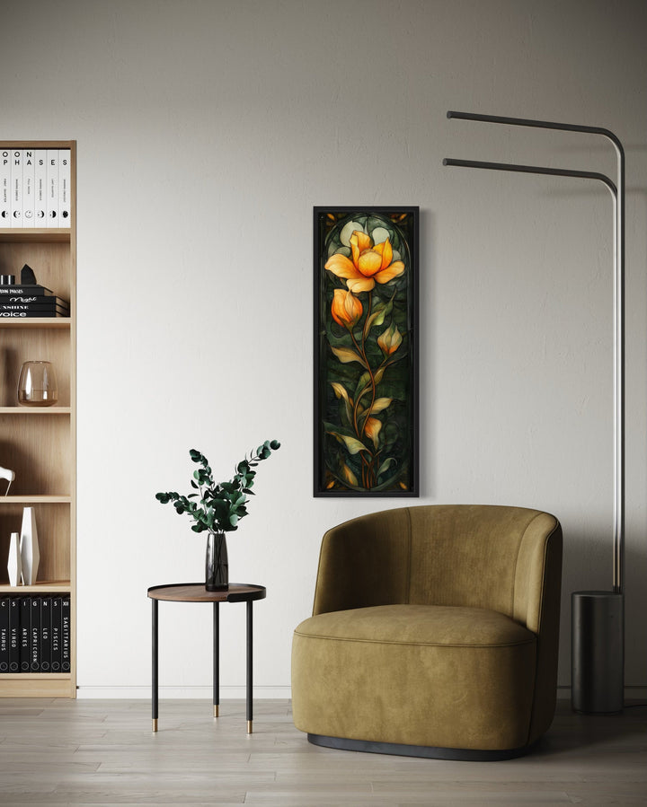 Tall Narrow Emerald Green Gold Floral Vertical Framed Canvas Wall Art