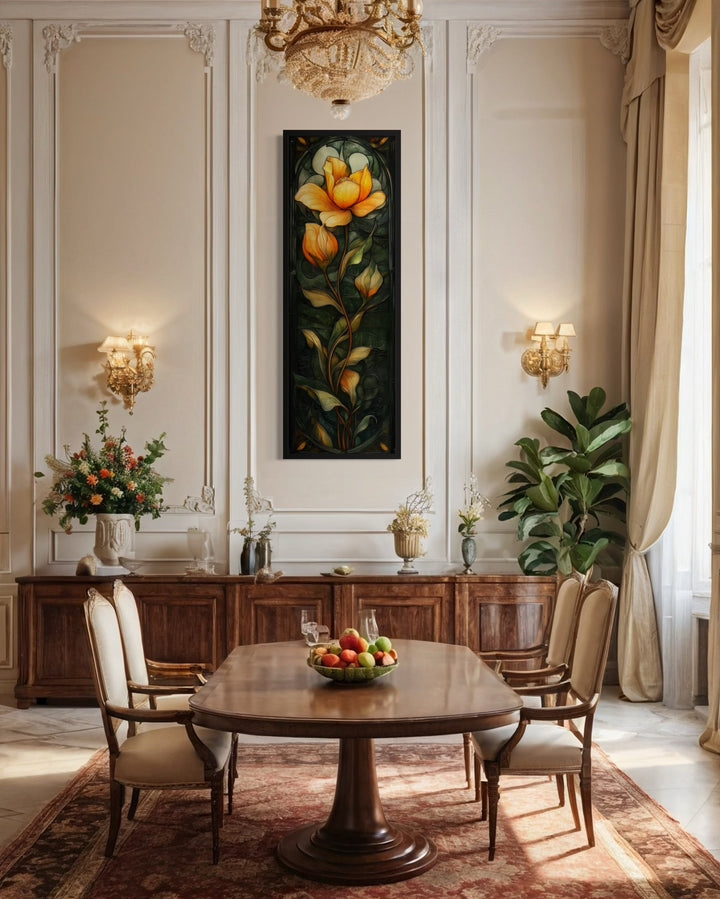 Tall Narrow Emerald Green Gold Floral Vertical Framed Canvas Wall Art