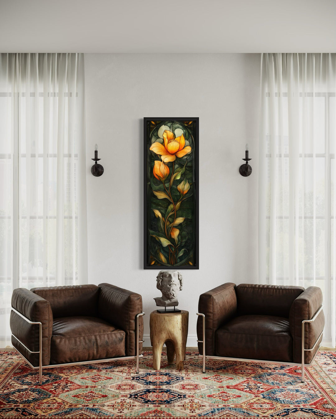 Tall Narrow Emerald Green Gold Floral Vertical Framed Canvas Wall Art