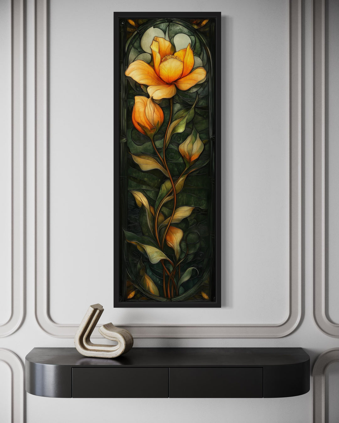 Tall Narrow Emerald Green Gold Floral Vertical Framed Canvas Wall Art