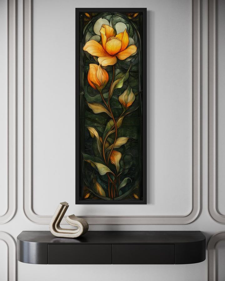 Tall Narrow Emerald Green Gold Floral Vertical Framed Canvas Wall Art