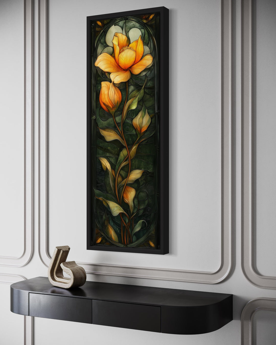 Tall Narrow Emerald Green Gold Floral Vertical Framed Canvas Wall Art