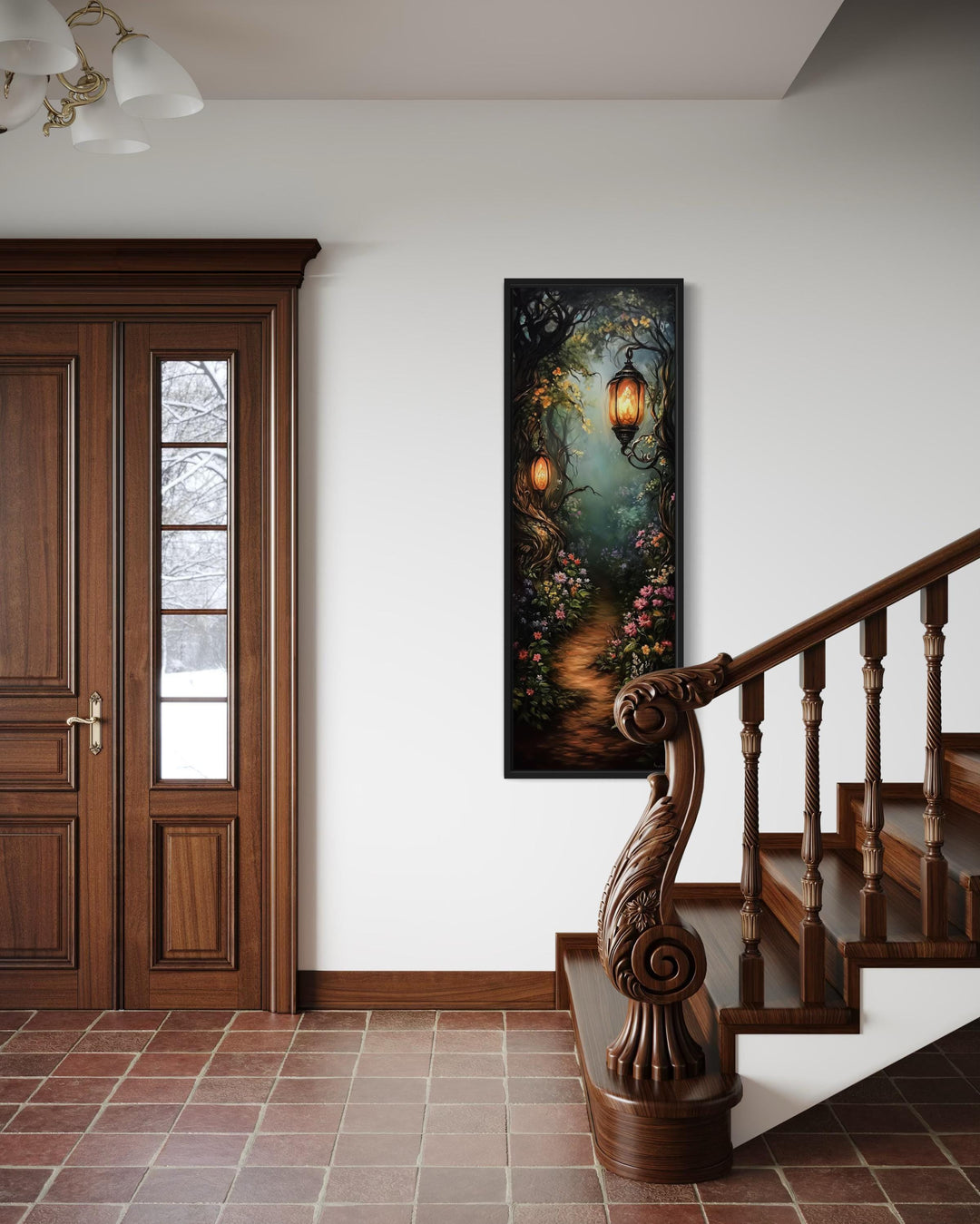 Tall Narrow Enchanted Forest With Pathway And Lantern Glow Wall Art