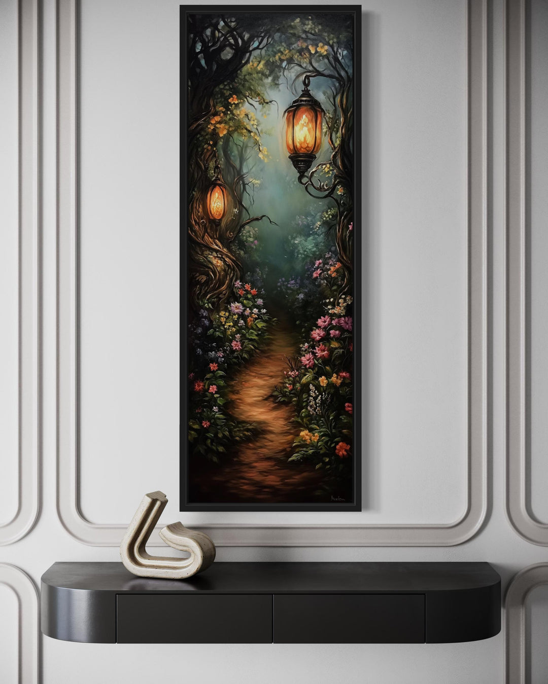 Tall Narrow Enchanted Forest With Pathway And Lantern Glow Wall Art