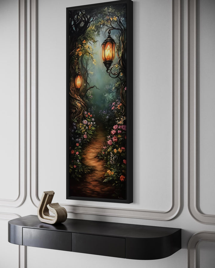 Tall Narrow Enchanted Forest With Pathway And Lantern Glow Wall Art