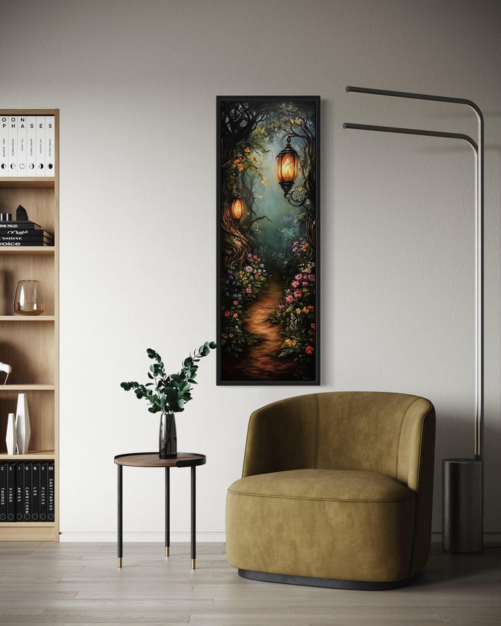 Tall Narrow Enchanted Forest With Pathway And Lantern Glow Wall Art