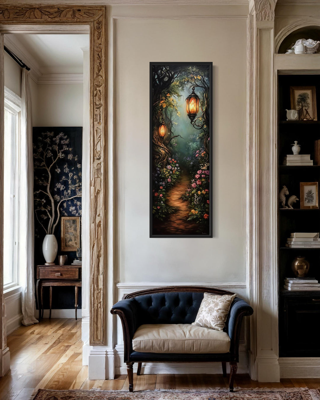 Tall Narrow Enchanted Forest With Pathway And Lantern Glow Wall Art