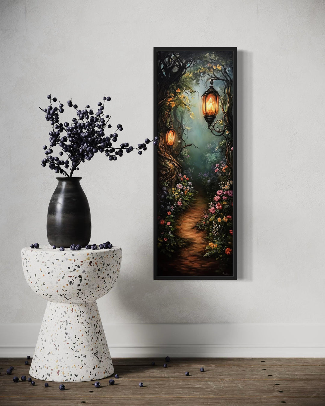 Tall Narrow Enchanted Forest With Pathway And Lantern Glow Wall Art