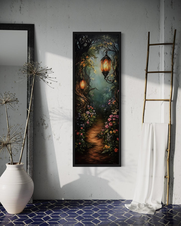 Tall Narrow Enchanted Forest With Pathway And Lantern Glow Wall Art