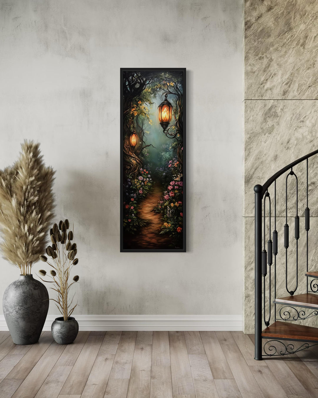 Tall Narrow Enchanted Forest With Pathway And Lantern Glow Wall Art