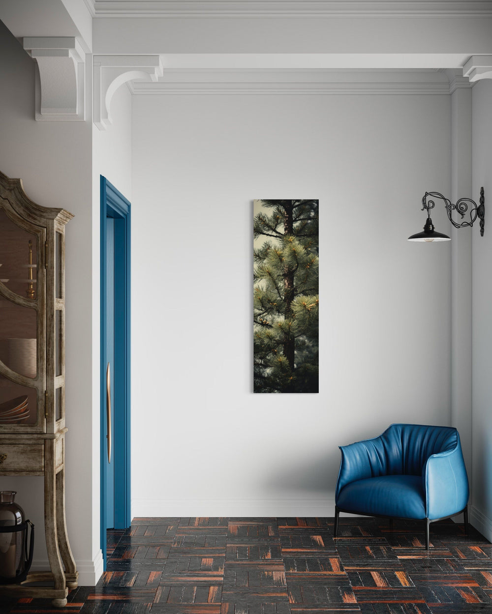 Tall Narrow Fir Tree Forest Vertical Wall Art in the hallway