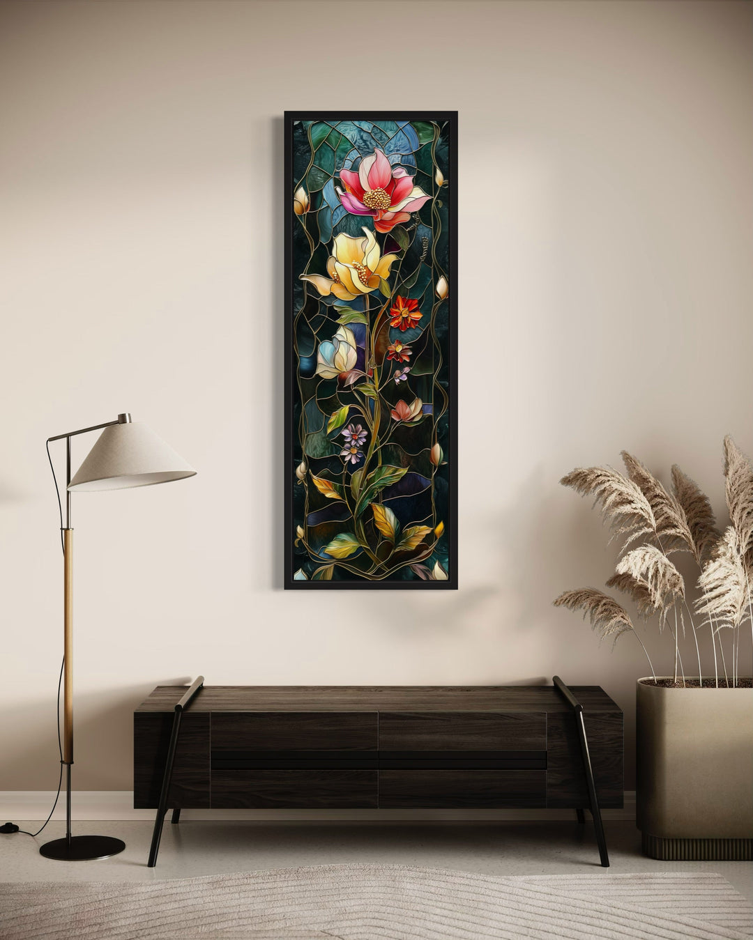 Tall Narrow Floral Art Nouveau Vertical Framed Canvas Wall Art