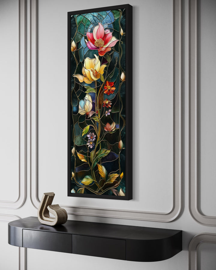 Tall Narrow Floral Art Nouveau Vertical Framed Canvas Wall Art