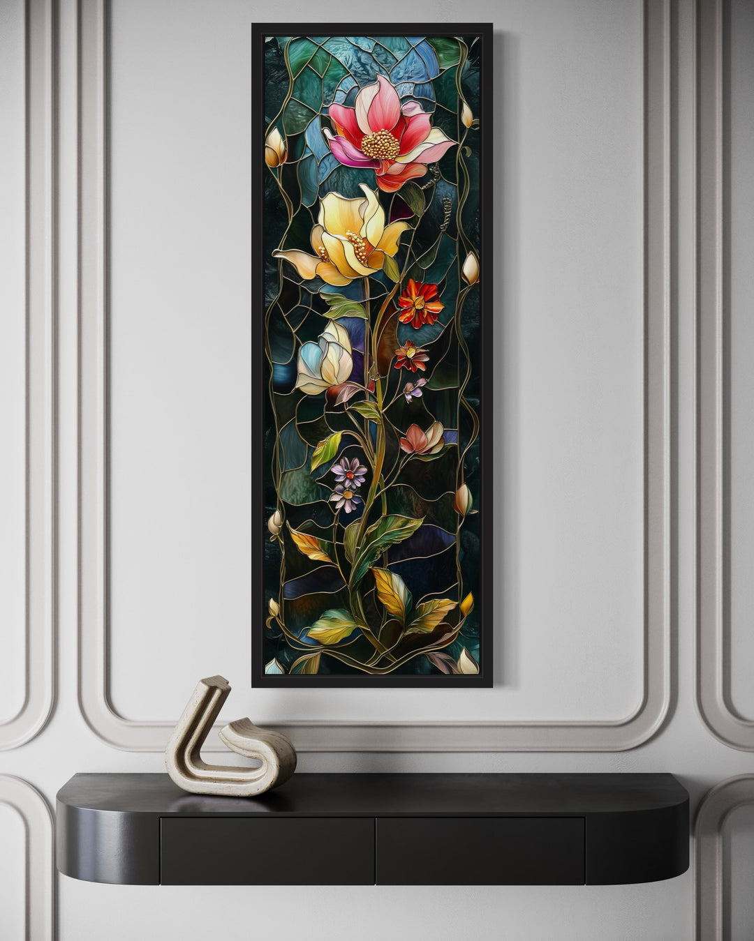 Tall Narrow Floral Art Nouveau Vertical Framed Canvas Wall Art