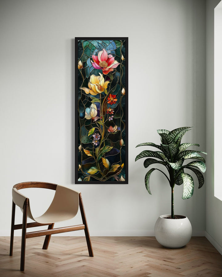 Tall Narrow Floral Art Nouveau Vertical Framed Canvas Wall Art