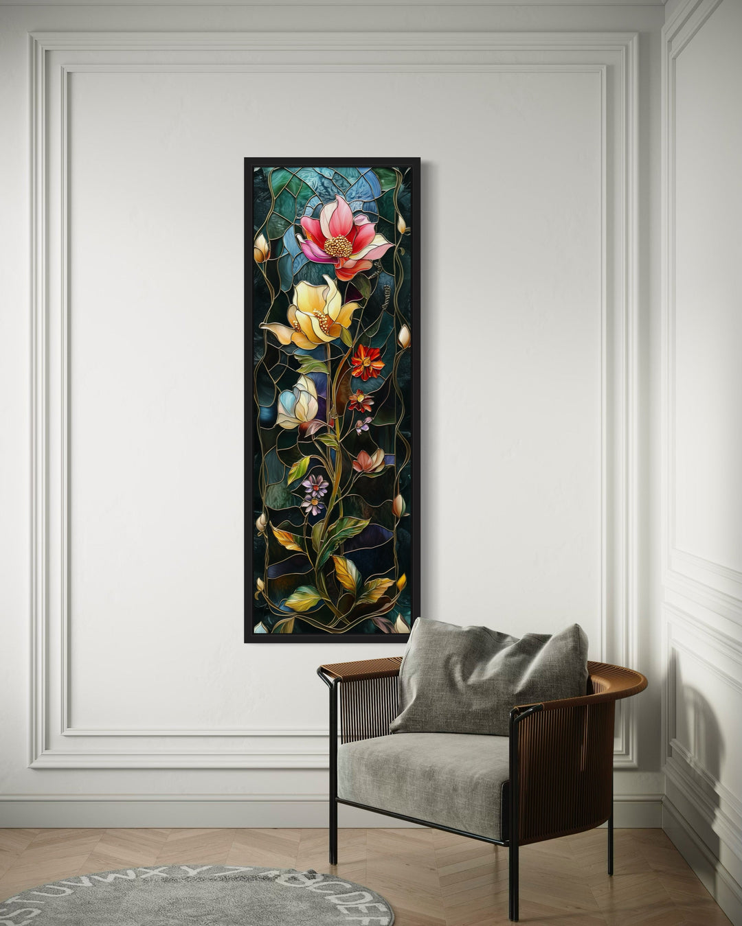 Tall Narrow Floral Art Nouveau Vertical Framed Canvas Wall Art