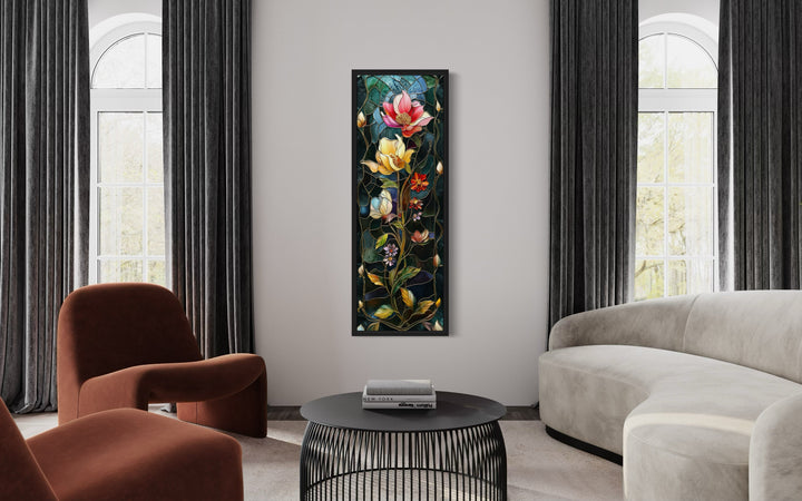 Tall Narrow Floral Art Nouveau Vertical Framed Canvas Wall Art