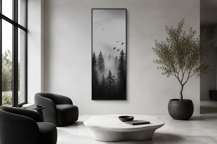 Tall narrow vertical framed canvas wall art featuring a black and white foggy forest with birds.