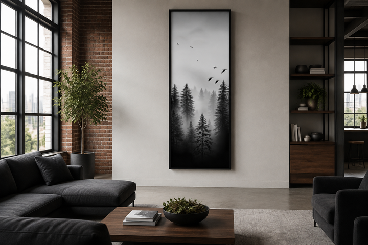 Tall narrow vertical framed canvas wall art featuring a black and white foggy forest with birds.